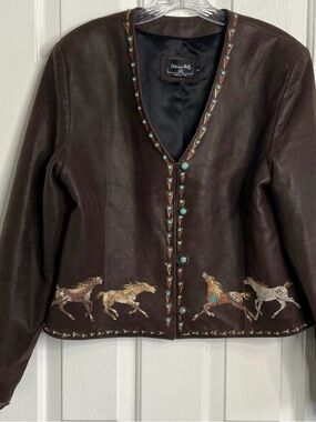 Patricia Wolf hand painted Indian ponies Leather Jacket Turquoise Studs L EUC